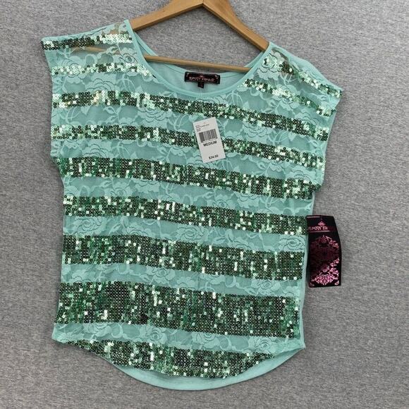 Almost Famous Blouse Womens Medium Green Sequin Shirt Sleeve Sparkly Party NYE - Picture 1 of 10